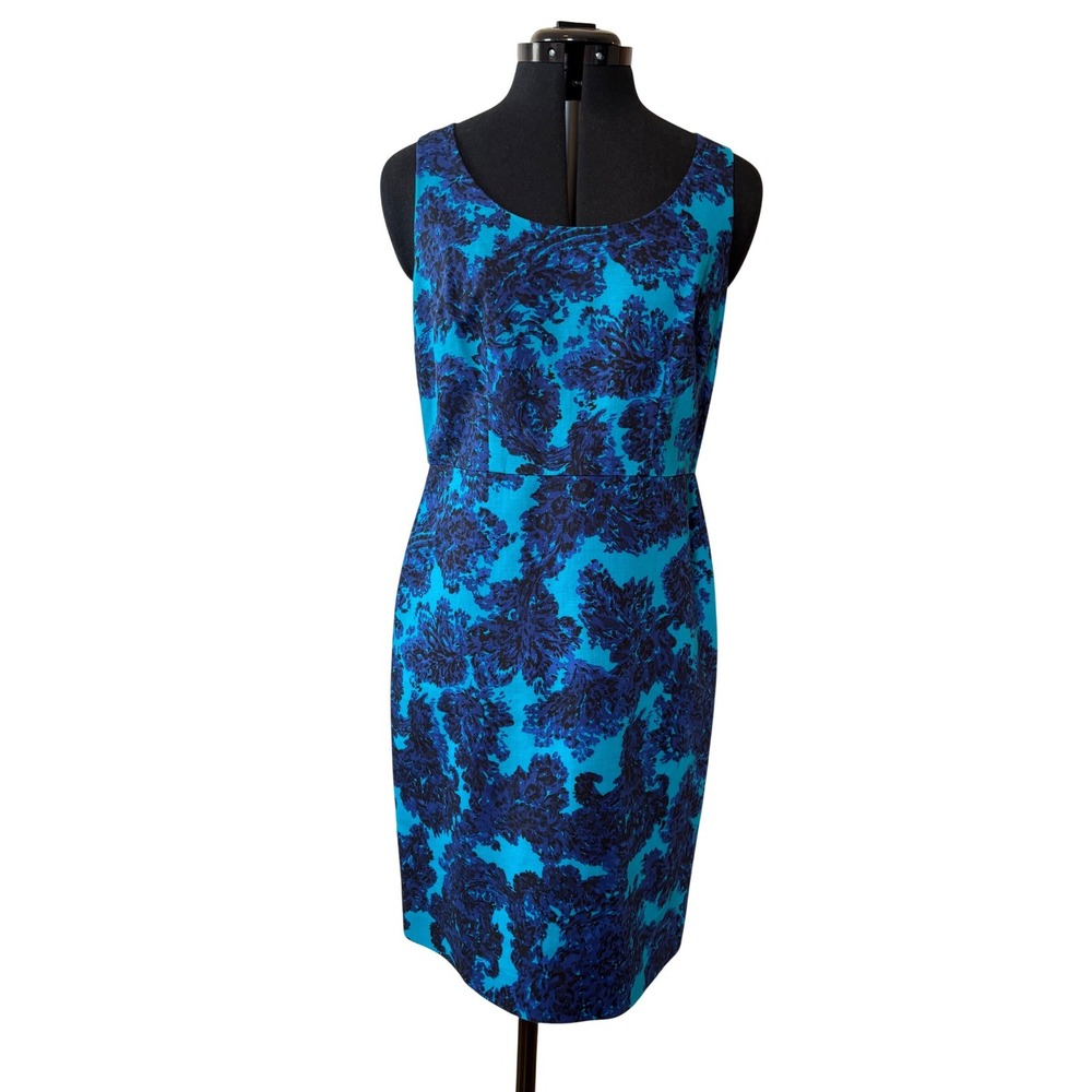 Ann Taylor Blue Navy Floral Damaskโ Sheath Dress Sleeveless Scoop Neck Size 4